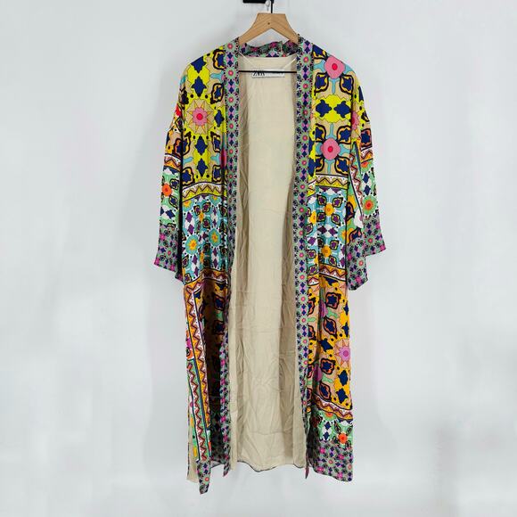 Zara Multicolor Boho Patchwork Maxi Kimono Duster Coat Size Small No Belt - Picture 9 of 9
